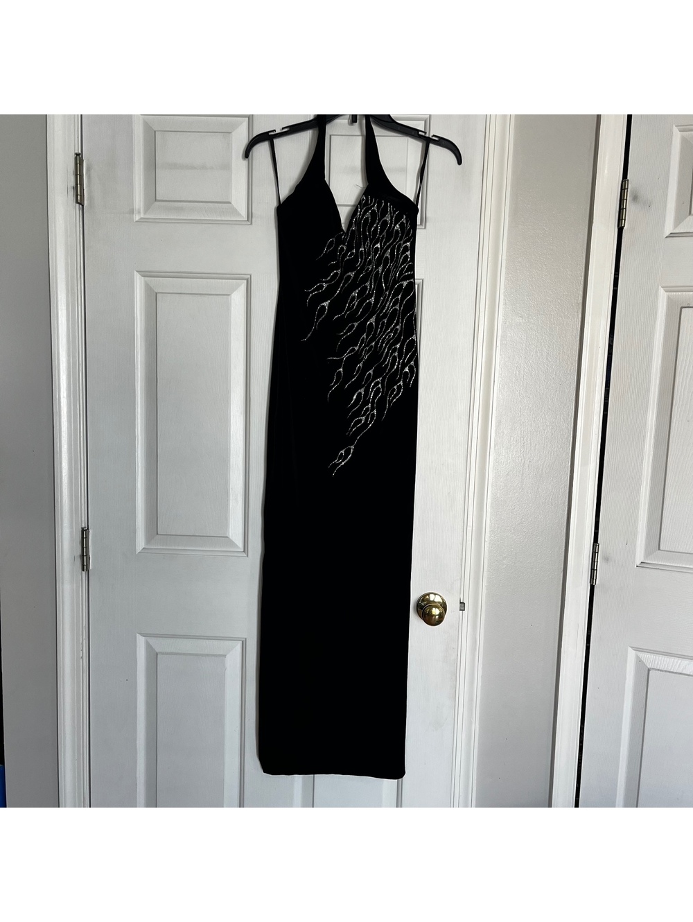 Vintage 579 Black Velvet Maxi Dress with Silver Flame Embroidery